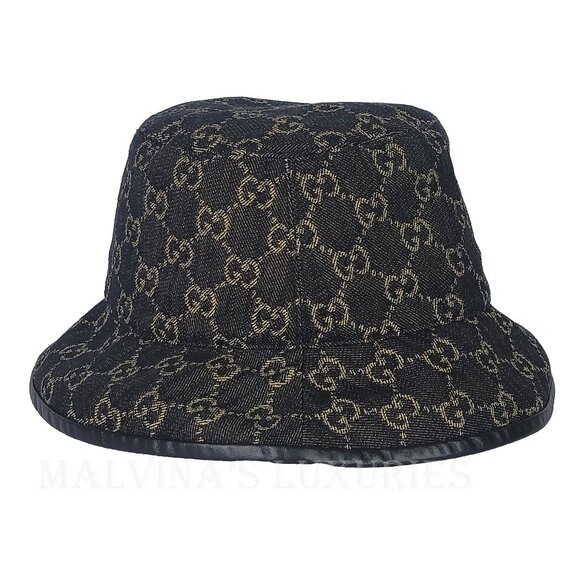 GUCCI HAT GG LOGO MONOGRAM JACQUARD BLACK w LEATHER TRIM BUCKET UNISEX - Picture 5 of 16